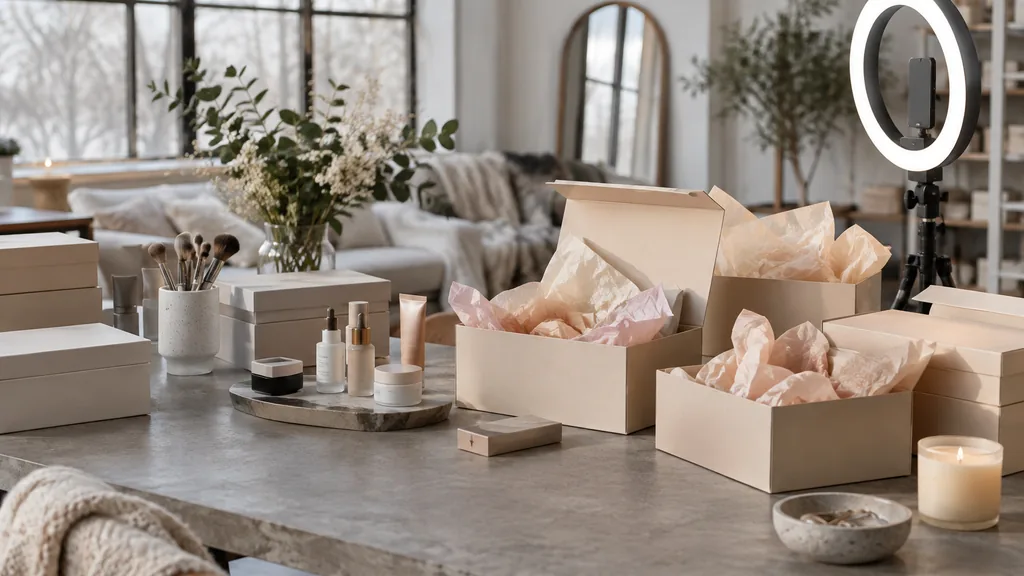 Influencer content setting: a loft product seeding station with branded-free gift boxes, tissue paper, beauty products and a ring light on a concrete table, soft winter light