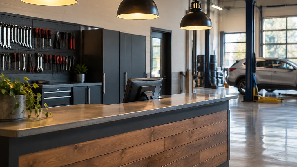 Franchise business setting: a modern franchise auto service bay reception with a clean counter, tool wall and warm industrial pendant lights, empty, early morning