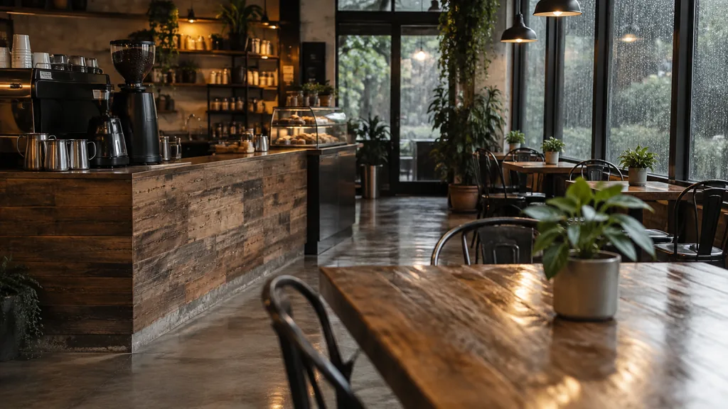 Franchise business setting: a franchise coffee roaster cafe interior with plants, reclaimed wood counters and rainy window light, empty before opening