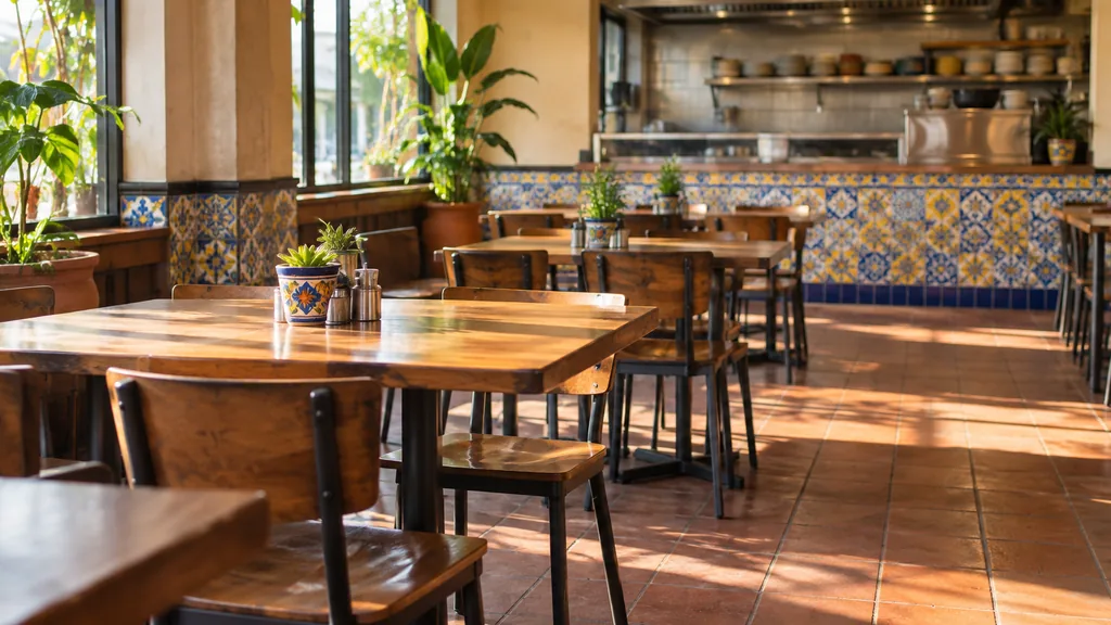 Franchise business setting: a franchise taqueria dining room with bright tiles, wooden tables and warm afternoon sun, empty before opening