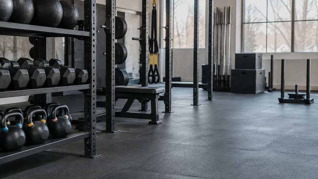 Franchise business setting: a franchise fitness studio interior with neatly racked equipment, rubber floors and soft winter window light, empty