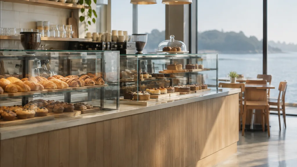 Franchise business setting: a franchise bakery cafe counter with glass pastry cases, light wood and misty harbour-side window light, empty before opening