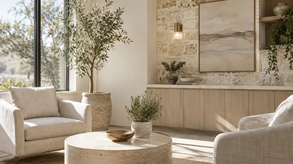 Fertility clinic setting: a bright modern clinic consultation room with limestone accents, two linen armchairs, a small olive tree and warm Texas afternoon light