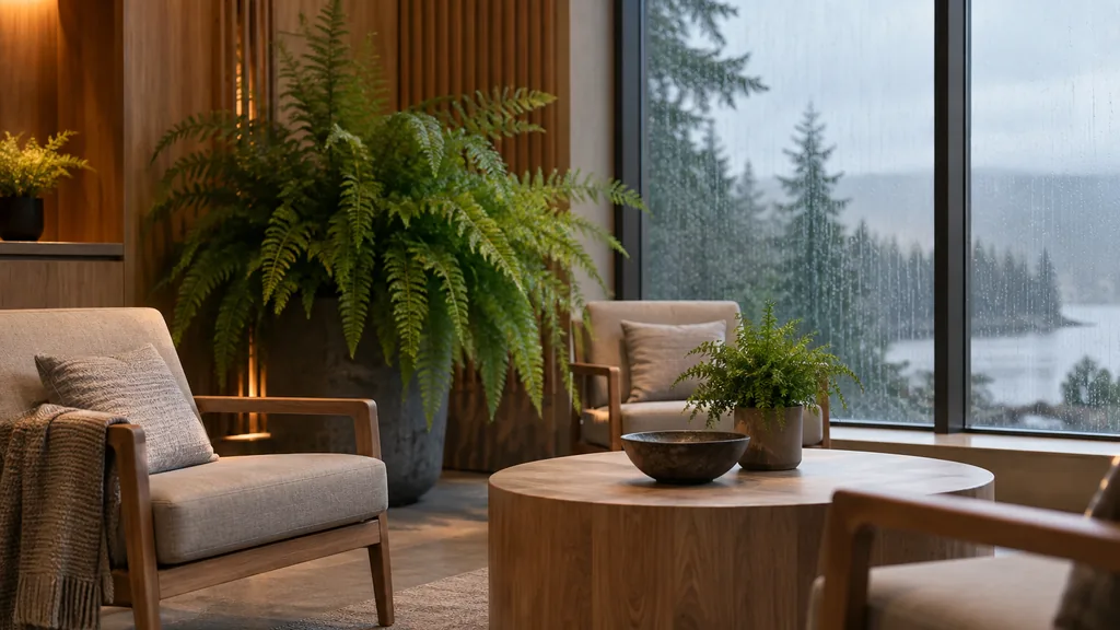 Fertility clinic setting: a calm clinic lounge with cedar wood panelling, a large fern, rain streaks on a tall window and soft grey daylight