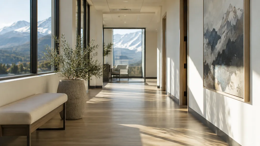Fertility clinic setting: a clean clinic hallway with pale timber floors, a mountain-toned abstract painting and crisp high-altitude daylight