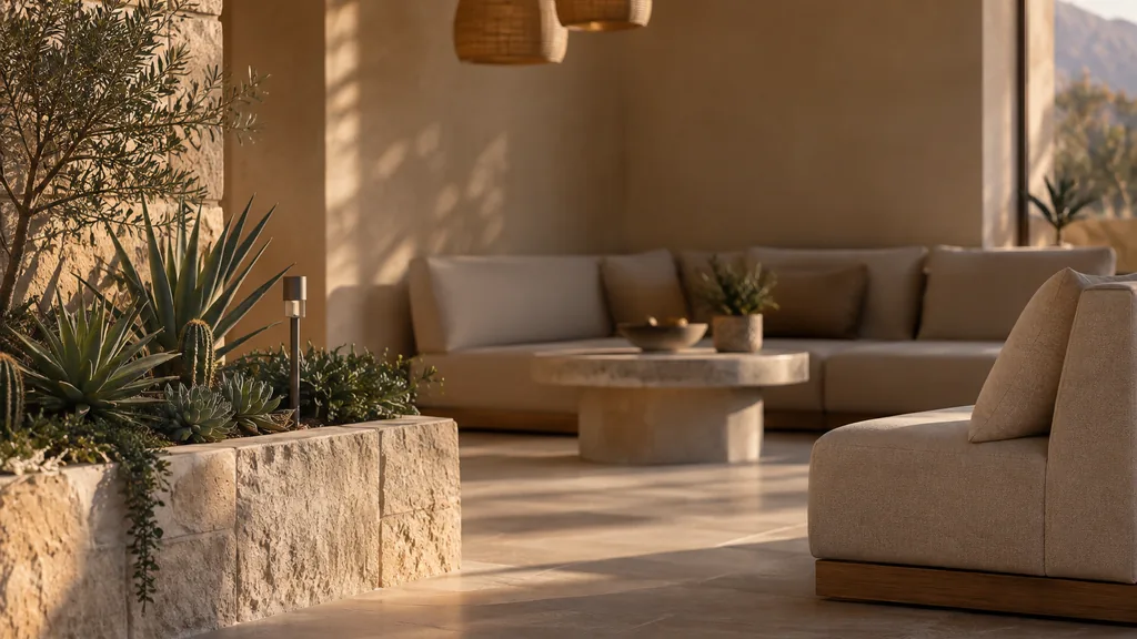 Fertility clinic setting: a serene clinic lounge with sand-coloured walls, a low stone planter with succulents and warm desert evening light
