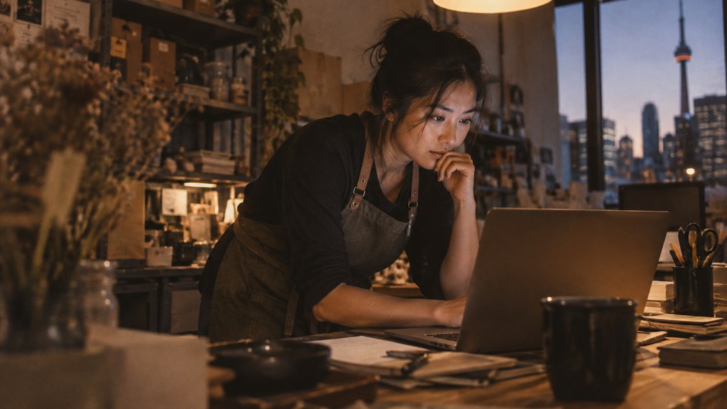 A small-business owner in an apron leaning over a laptop on a cluttered back-office desk late in the day, photographed in Toronto