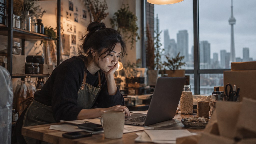 A small-business owner in an apron leaning over a laptop on a cluttered back-office desk late in the day, photographed in Toronto