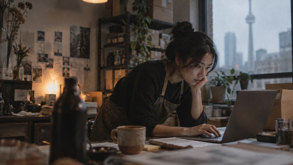 A small-business owner in an apron leaning over a laptop on a cluttered back-office desk late in the day, photographed in Toronto