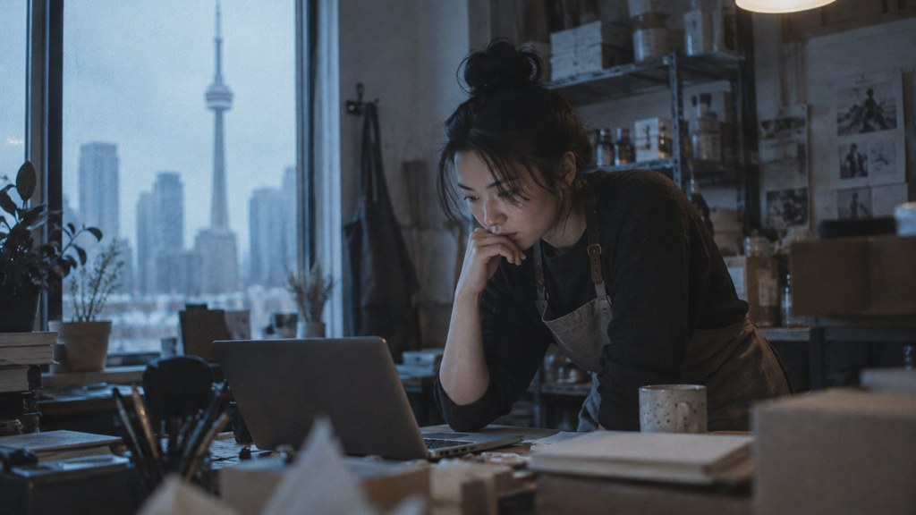 A small-business owner in an apron leaning over a laptop on a cluttered back-office desk late in the day, photographed in Toronto