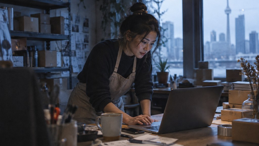 A small-business owner in an apron leaning over a laptop on a cluttered back-office desk late in the day, photographed in Toronto