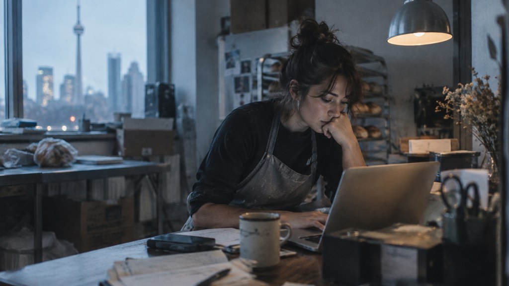 A small-business owner in an apron leaning over a laptop on a cluttered back-office desk late in the day, photographed in Toronto