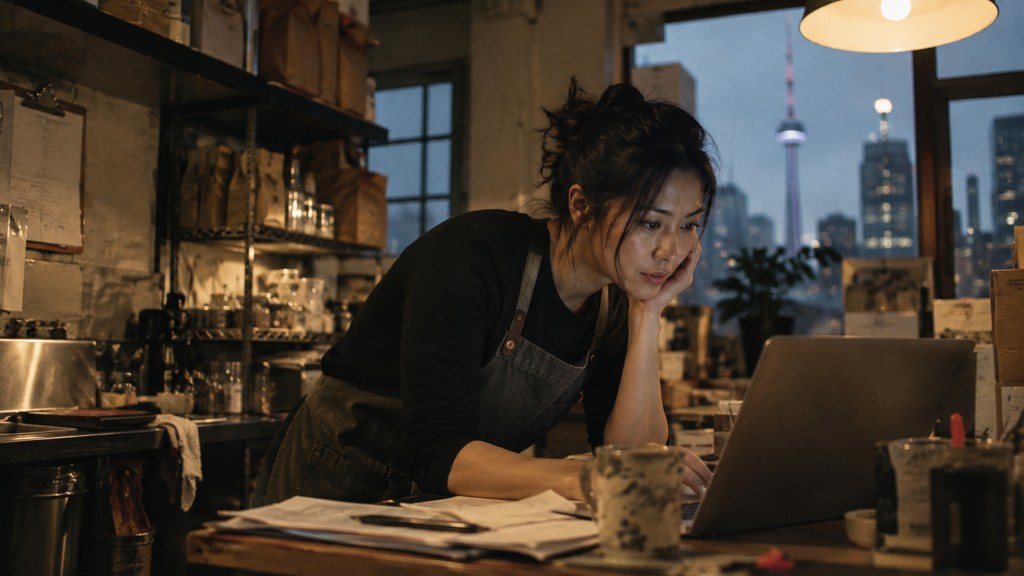 A small-business owner in an apron leaning over a laptop on a cluttered back-office desk late in the day, photographed in Toronto