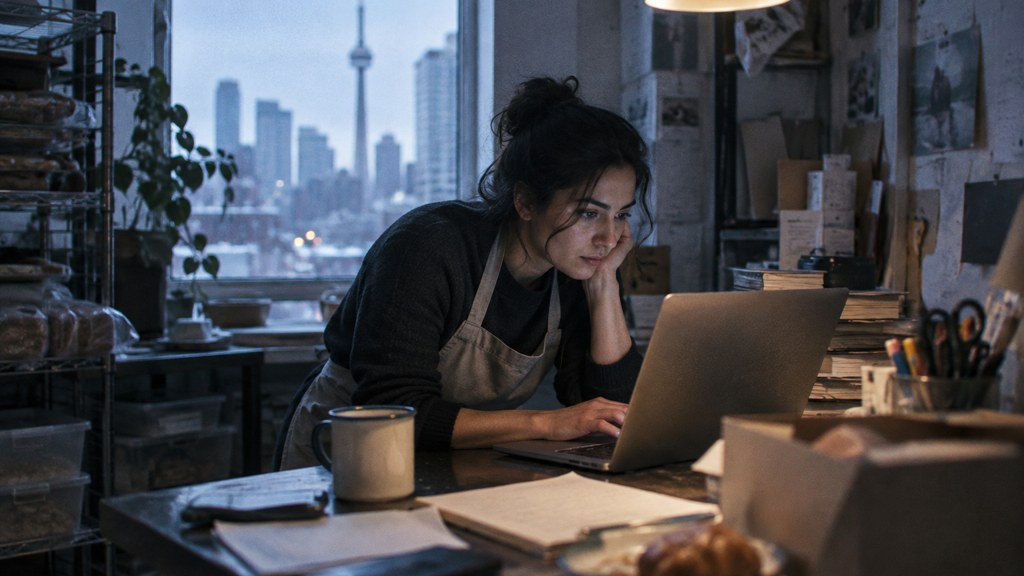 A small-business owner in an apron leaning over a laptop on a cluttered back-office desk late in the day, photographed in Toronto