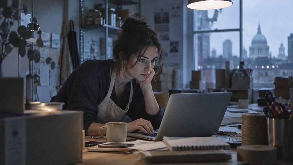 A small-business owner in an apron leaning over a laptop on a cluttered back-office desk late in the day, photographed in London