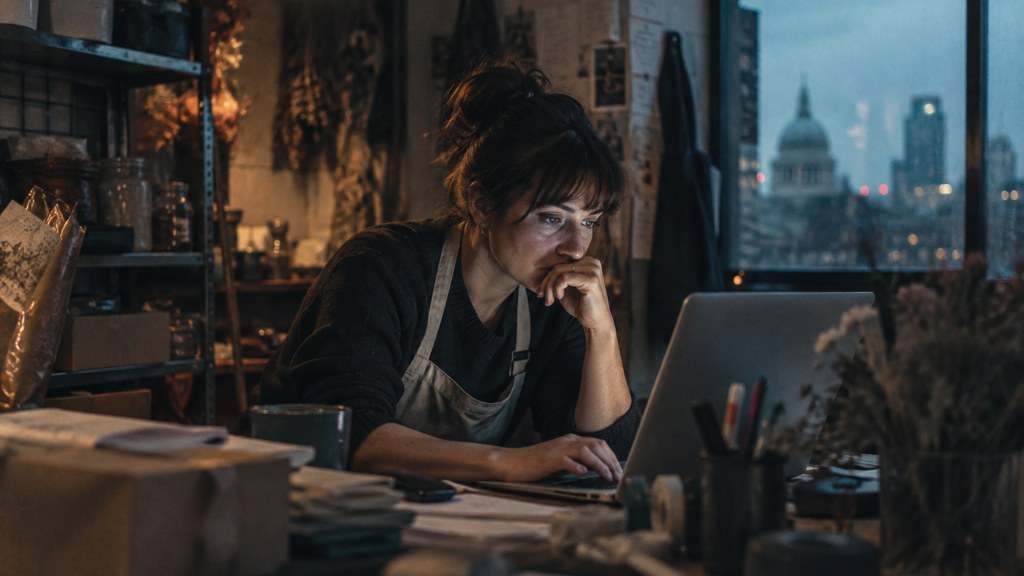 A small-business owner in an apron leaning over a laptop on a cluttered back-office desk late in the day, photographed in London