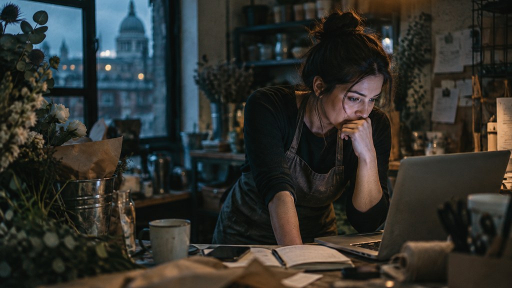 A small-business owner in an apron leaning over a laptop on a cluttered back-office desk late in the day, photographed in London