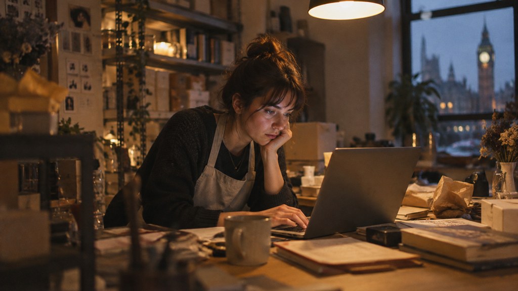 A small-business owner in an apron leaning over a laptop on a cluttered back-office desk late in the day, photographed in London