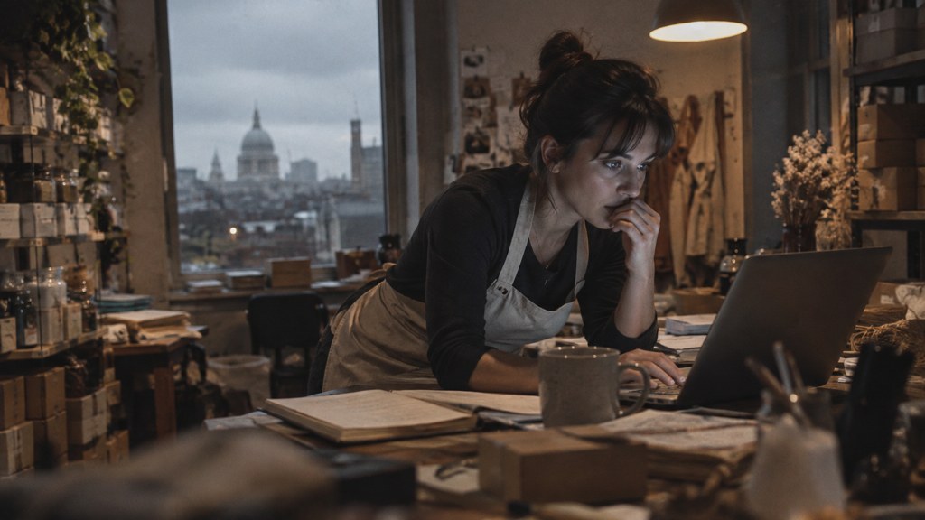 A small-business owner in an apron leaning over a laptop on a cluttered back-office desk late in the day, photographed in London