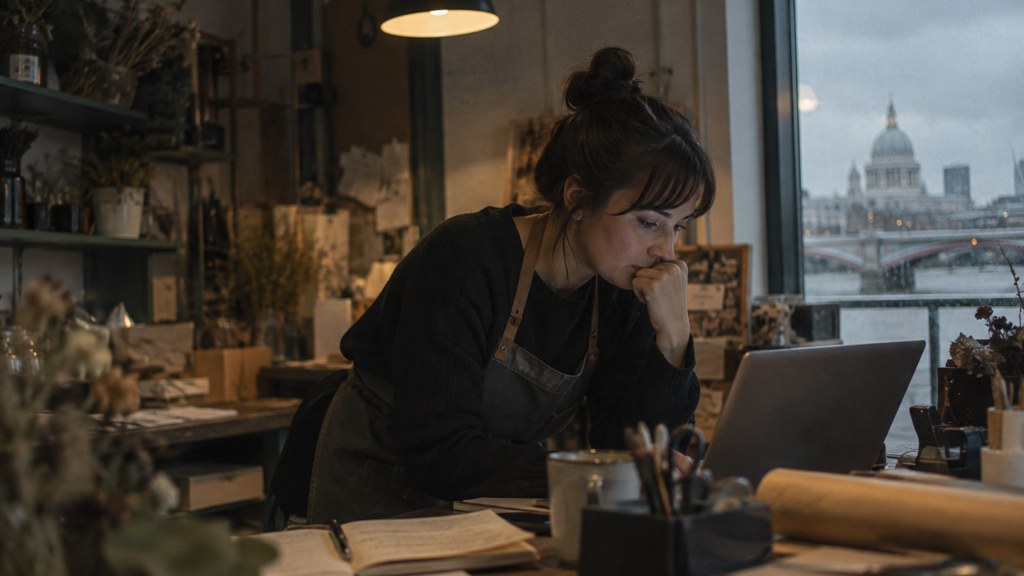 A small-business owner in an apron leaning over a laptop on a cluttered back-office desk late in the day, photographed in London