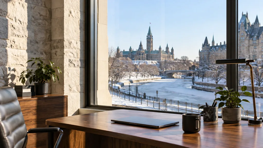 Mortgage office setting: a quiet Ottawa mortgage office with limestone walls, a wooden desk facing a frozen canal and crisp clear morning light