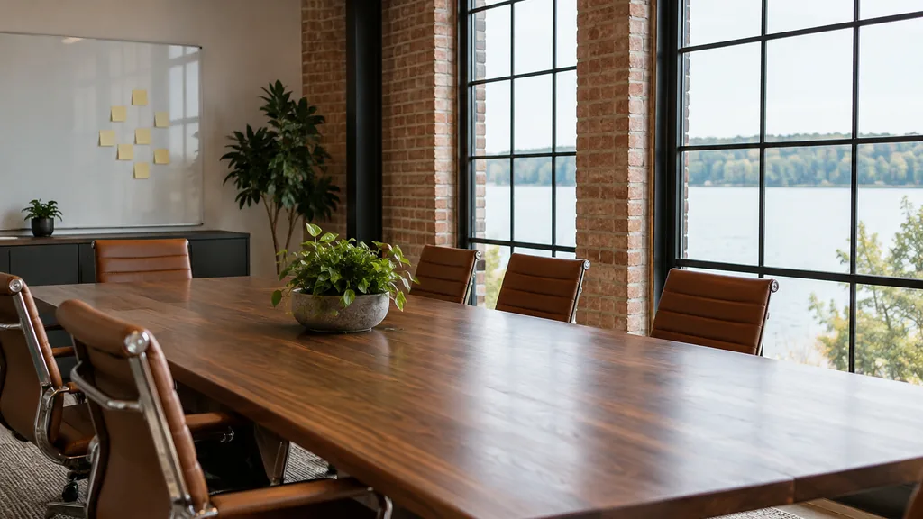 Office setting: a modern boardroom in a converted brick loft with a long walnut table, leather chairs, a whiteboard with blank sticky notes and soft lake-light through tall windows