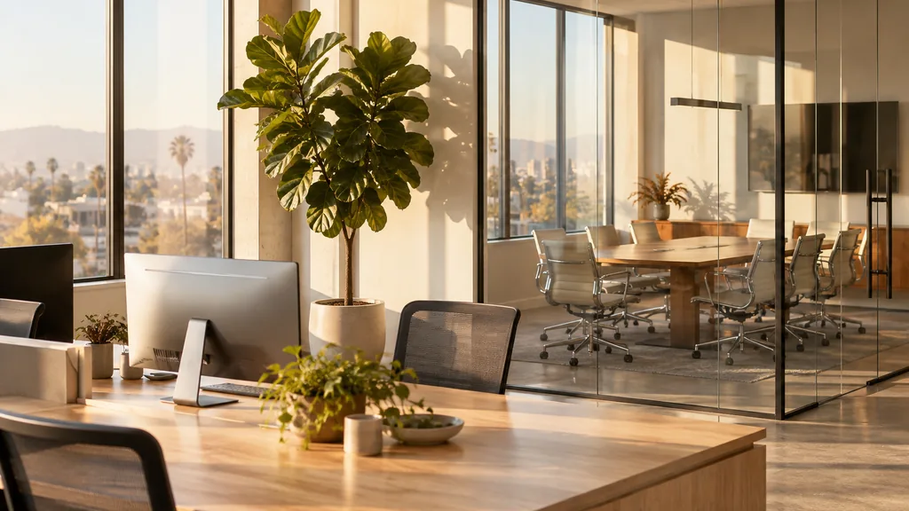 Office setting: a sunlit creative office with white oak desks, a potted fiddle-leaf fig, an empty glass conference room and warm California afternoon light