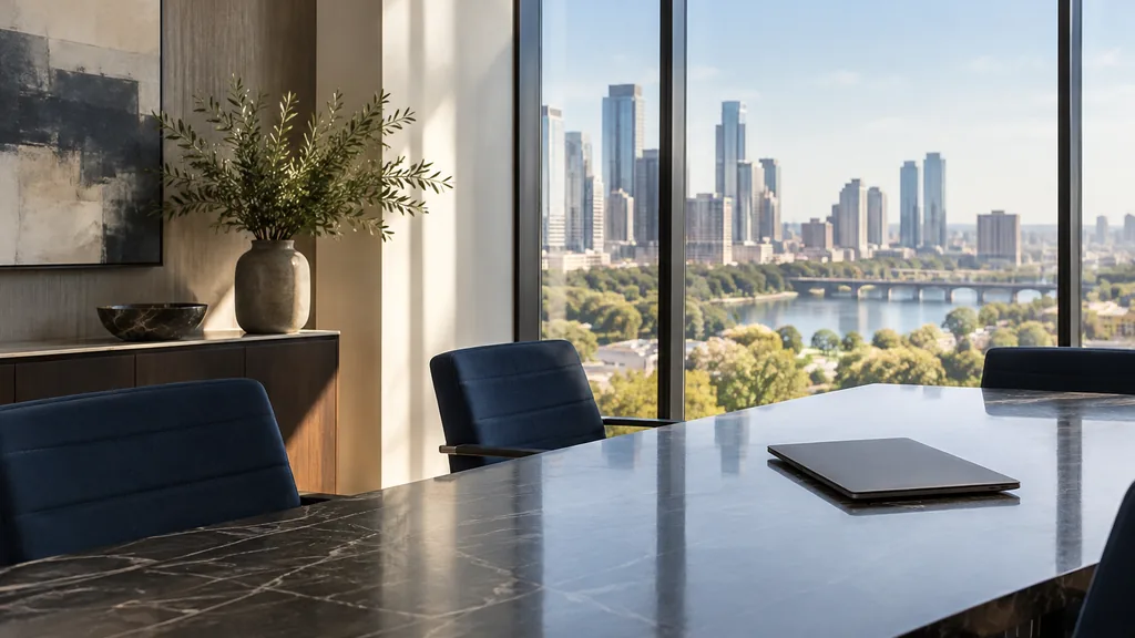 Office setting: a polished executive meeting room with a dark stone table, navy chairs, a closed laptop and bright Texas morning light through floor-to-ceiling glass
