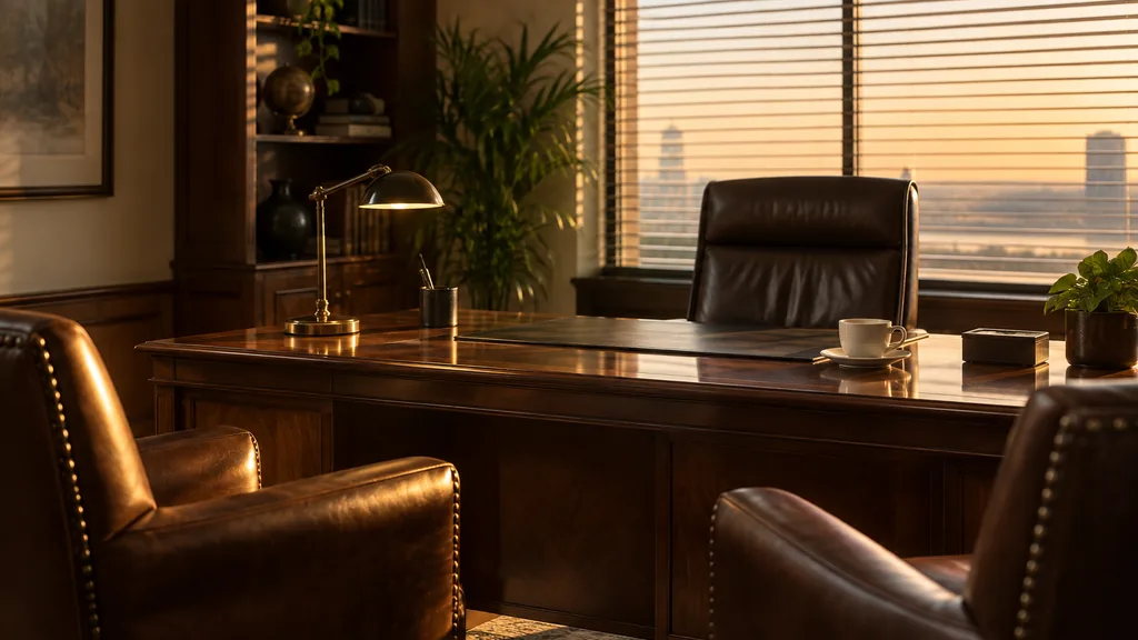 Office setting: a quiet executive office with a mahogany desk, two armchairs, a coffee cup on a saucer and warm humid-evening light through wide blinds