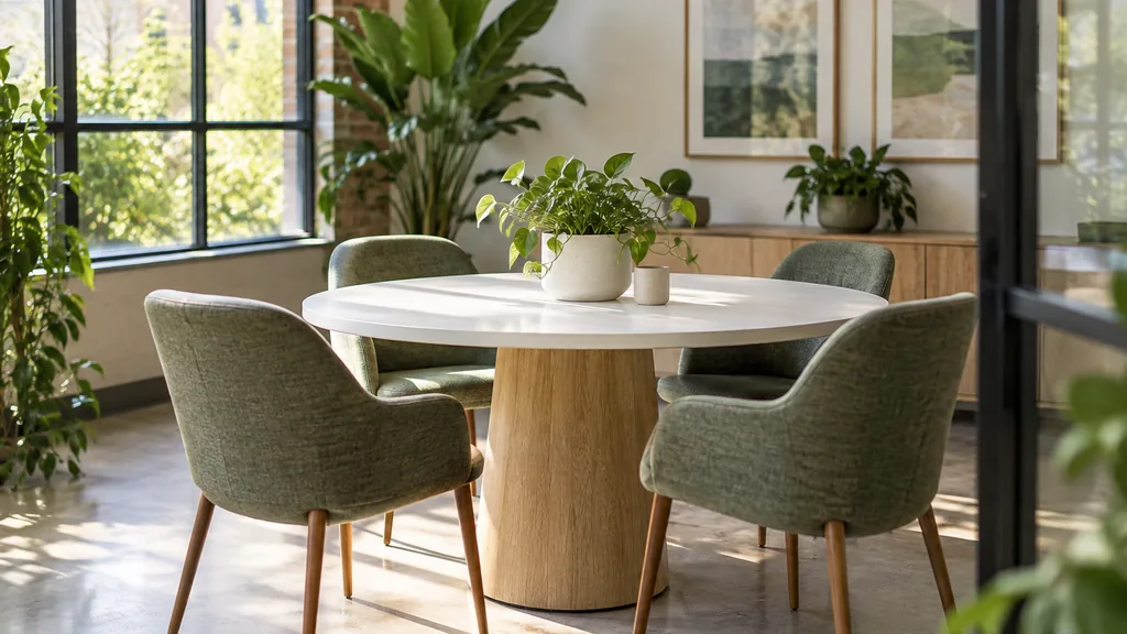 Office setting: a bright co-working meeting room with green plants, a round white table, four chairs and soft Southern morning light