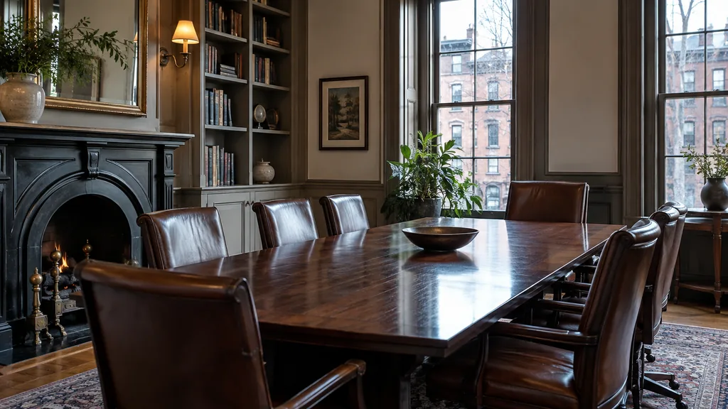 Office setting: a classic brownstone meeting room with a wooden conference table, bookshelves, a small fireplace and cool New England daylight