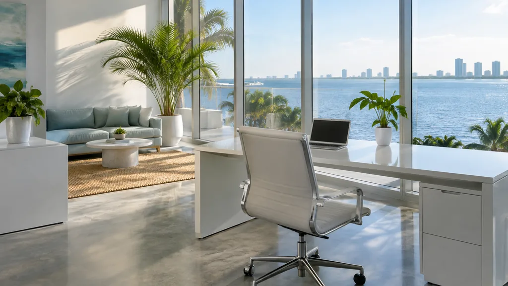 Office setting: an airy waterfront office with white furniture, a pale teal sofa, a potted palm and bright Florida light on polished concrete floors