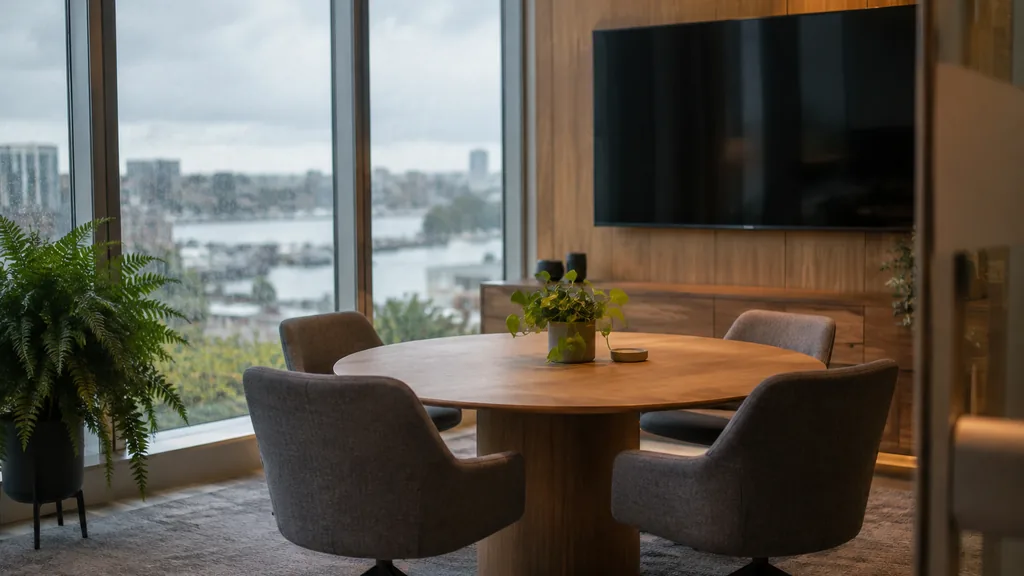 Office setting: a calm tech office meeting nook with cedar panelling, a large monitor turned off, a fern and soft grey rainy daylight