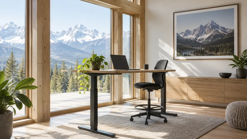Office setting: a light-filled office with pale timber beams, a standing desk, a mountain photograph on the wall and crisp high-altitude daylight