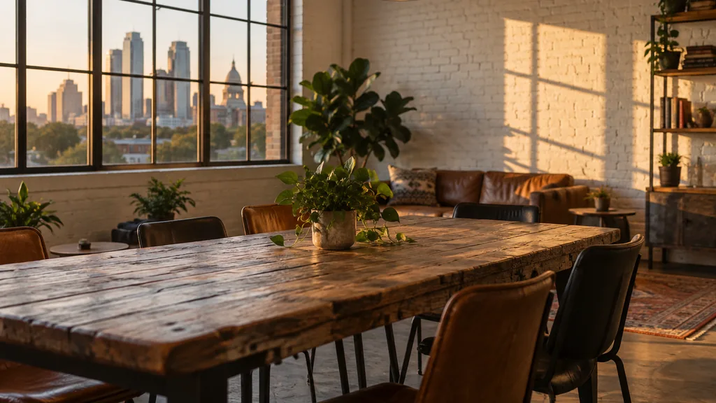Office setting: a relaxed startup office with a reclaimed wood table, mismatched chairs, a painted brick wall and warm Texas evening light