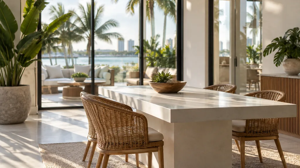 Office setting: a bright modern office lounge with a white table, rattan chairs, tropical plants and warm Florida afternoon light through wide glass doors
