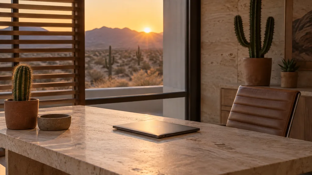Office setting: a desert-modern office with a pale stone table, cacti in terracotta pots, a closed laptop and warm Arizona sunset light through slatted blinds