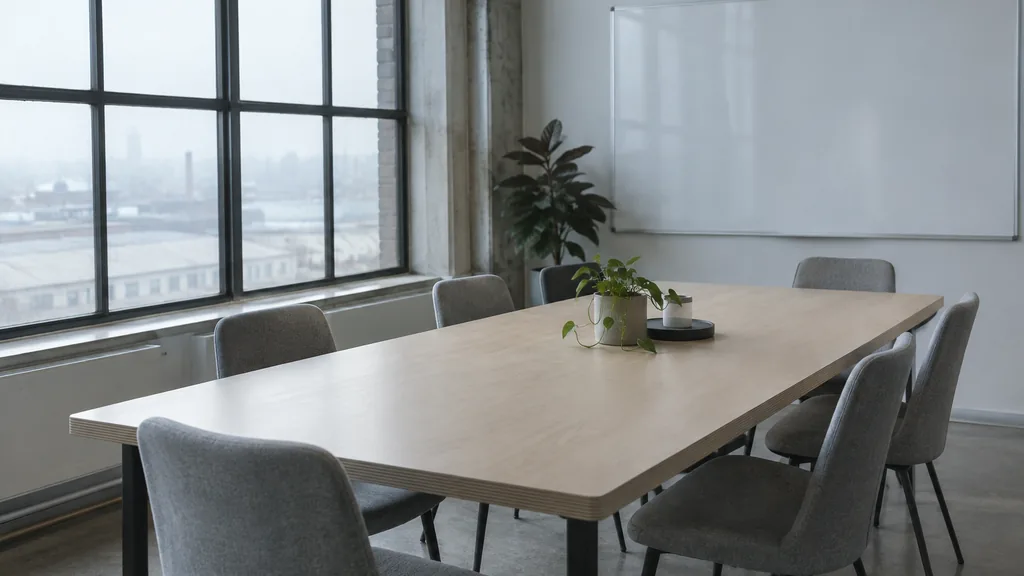 Office setting: a minimalist startup meeting room with a birch table, grey felt chairs, a blank whiteboard and cool foggy daylight through large factory windows