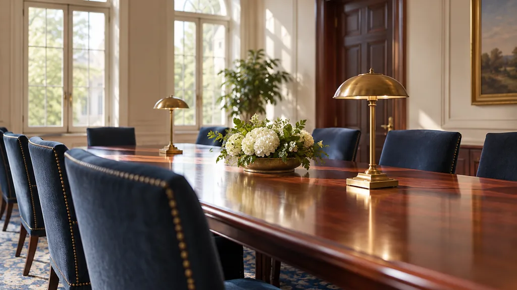 Office setting: a formal meeting room with a cherry-wood table, navy upholstered chairs, a brass lamp and soft morning light through tall arched windows