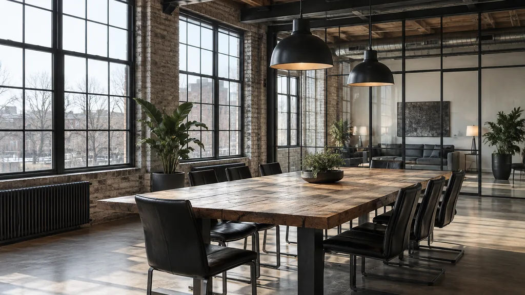 Office setting: a restored industrial loft office with steel beams, a reclaimed wood table, black chairs and clear winter daylight through large factory panes