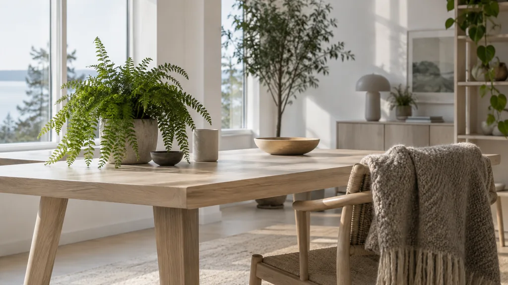 Office setting: a Scandinavian-style office with a light ash table, wool throw on a chair, a potted fern and crisp northern daylight on white walls