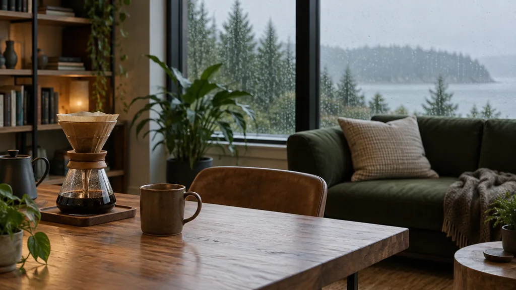 Office setting: a cosy office with a timber table, a moss-green sofa, a pour-over coffee set and soft rainy Pacific Northwest light through big windows
