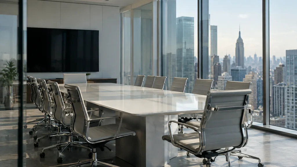 Office setting: an empty glass-walled conference room high above Midtown with a long white table, a large dark screen and cool morning light