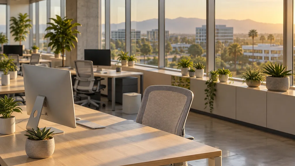 Office setting: a bright open-plan office in Irvine with pale oak desks, succulents on the sills and warm late-afternoon Southern California light