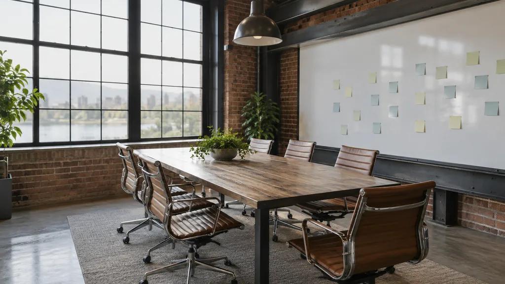 Office setting: a converted warehouse meeting room with exposed brick, steel beams, a whiteboard wall covered in blank sticky notes and grey lake-light