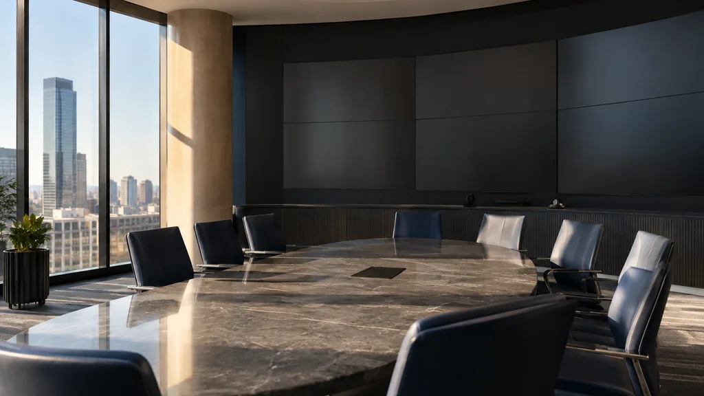 Office setting: a sleek corporate war room with a curved monitor wall switched off, navy chairs around a stone table and bright Texas sun through tinted glass