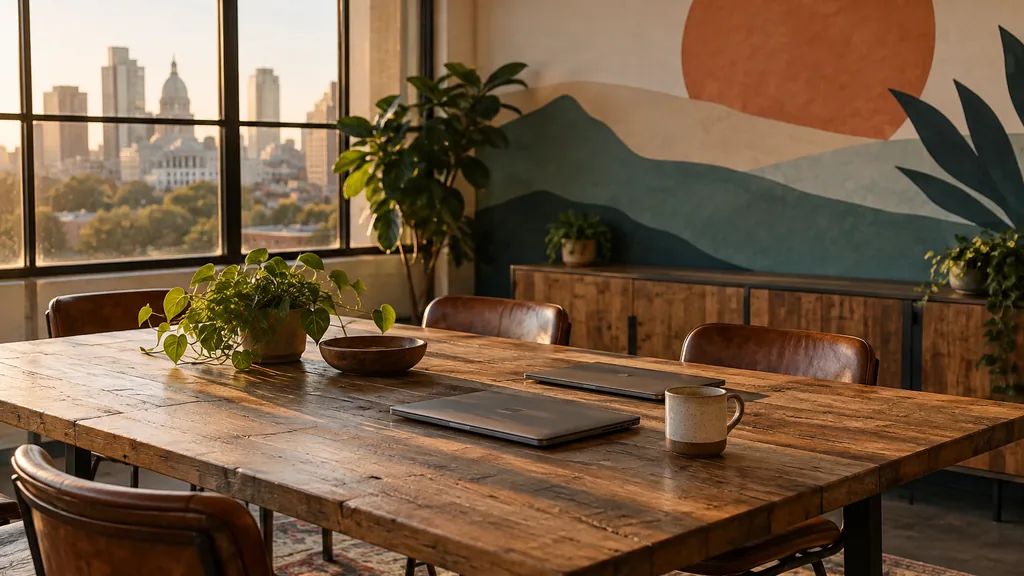 Office setting: a relaxed startup office with a reclaimed wood table, laptops closed, a neon-free painted mural wall and warm Texas evening light