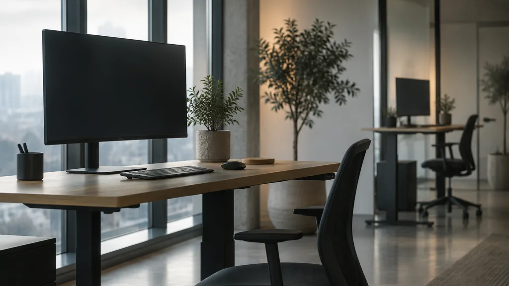 Office setting: a minimalist tech office with standing desks, a large dark monitor, fog-soft daylight and a potted olive tree
