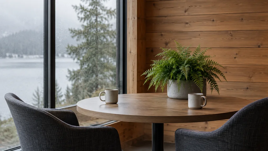Office setting: a calm cedar-panelled meeting nook with a round table, two coffee mugs, a fern and soft grey rainy daylight
