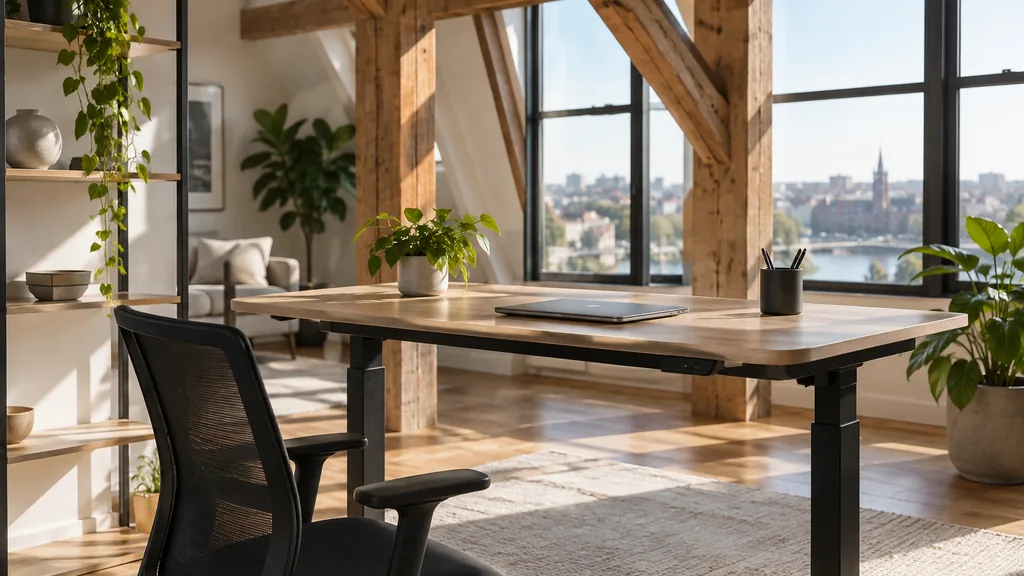 Office setting: a light-filled loft office with timber beams, a standing desk, a closed laptop and crisp high-altitude daylight